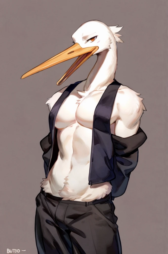 Solo, Furry, Anthro, Heron, Male, E621, Standing, Hands behind back, Wearing underwear, Simple background, Front view, by buta99, by bebebebebe, by chelodoy, by inu-sama