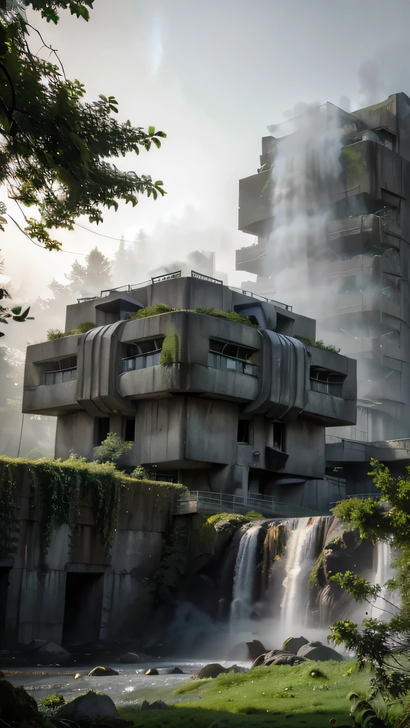 This image depicts a stunning  a lush, green forest. ((( there is a brutalist concrete building in the foreground ))), The surrounding trees and foliage create a picturesque scene, with the vibrant colors of nature on full display. covered in colorful paint, adding an unexpected element to the natural landscape. A bear stands nearby, seemingly admiring the beauty of the waterfall as well. ((( hazy atmosphere ))) ((( volumetric lighting ))), ((( Heavy fog )))