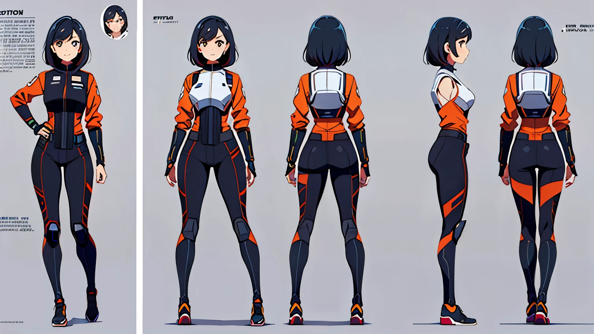 woman, black suit, space suit, character design sheet, different poses, different angles, concept art, star war, Sith warrior, orange eyes, short black hair