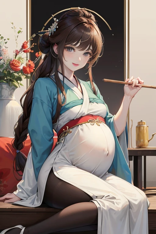 masterpiece, best quality, 1 The male protagonist lies on his wife’s pregnant belly and becomes an adult, Chinese style, China, elder sister, Smile, brown hair, princess cut, Single fried dough stick braid,Black tights,Full of motherhood,Hanfu,