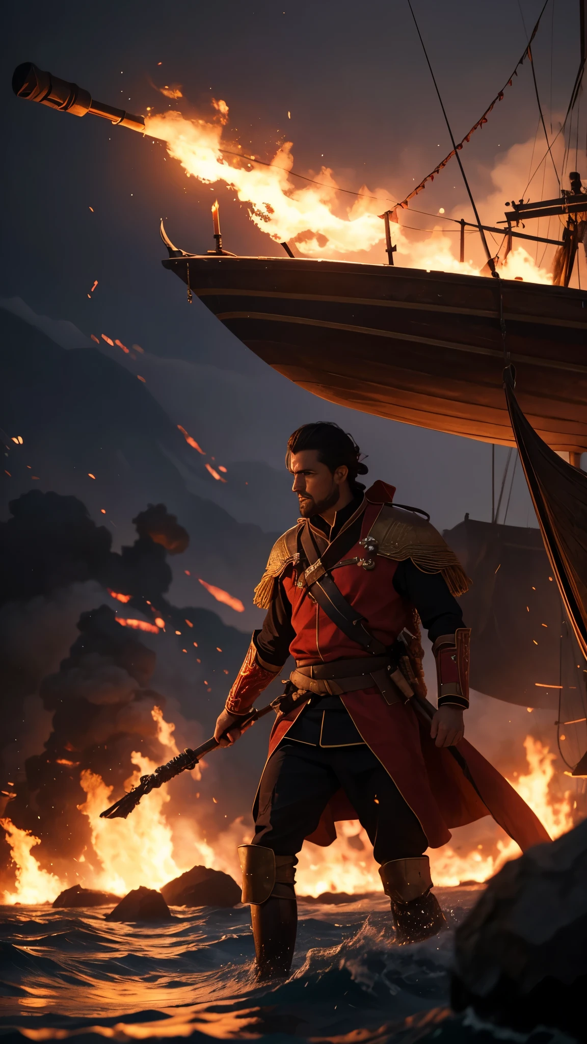 Extreme long shot of Tárique setting fire to his own ships on the shoreline, leaving his men with no choice but victory or death. Flames dance around him as he watches them burn. Cinematic, 4K, Hyper-Realistic.