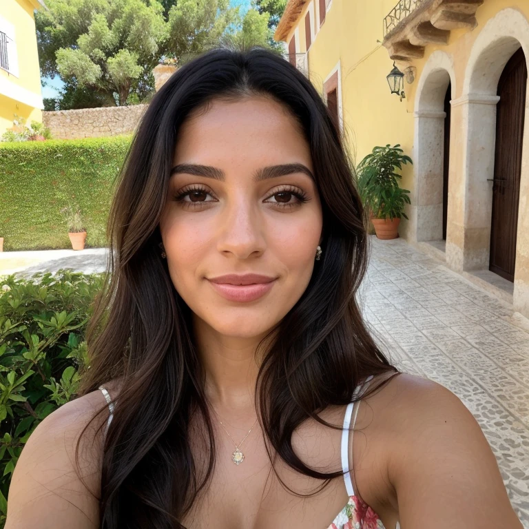 ((melhor qualidade)), ((obra de arte)), (detalhado), rosto perfeito (( ultra realista)) ((meia idade)) ((33 anos)) Very beautiful brunette with striking Latin Spanish features and long black hair, olhos verdes grandes e brilhantes lindos ((Barbara Morí)) dressed in a light floral dress in the European summer in Spain taking a selfie