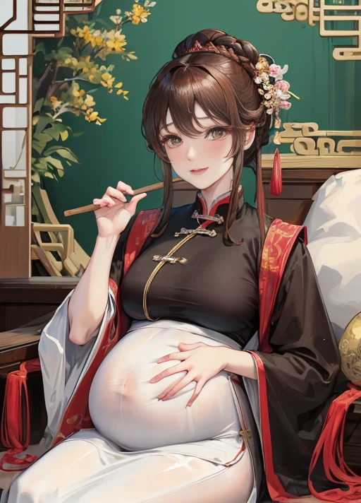 masterpiece, best quality, Married woman，pregnancy， aldult, Chinese style, China, elder sister,  Smile, brown hair, princess cut, Single fried dough stick braid，Flesh-colored tights，Full of motherhood，Chinese style婚礼服，Pure desire，blushing，dignified yet lively，Mother，The hand caressed the belly