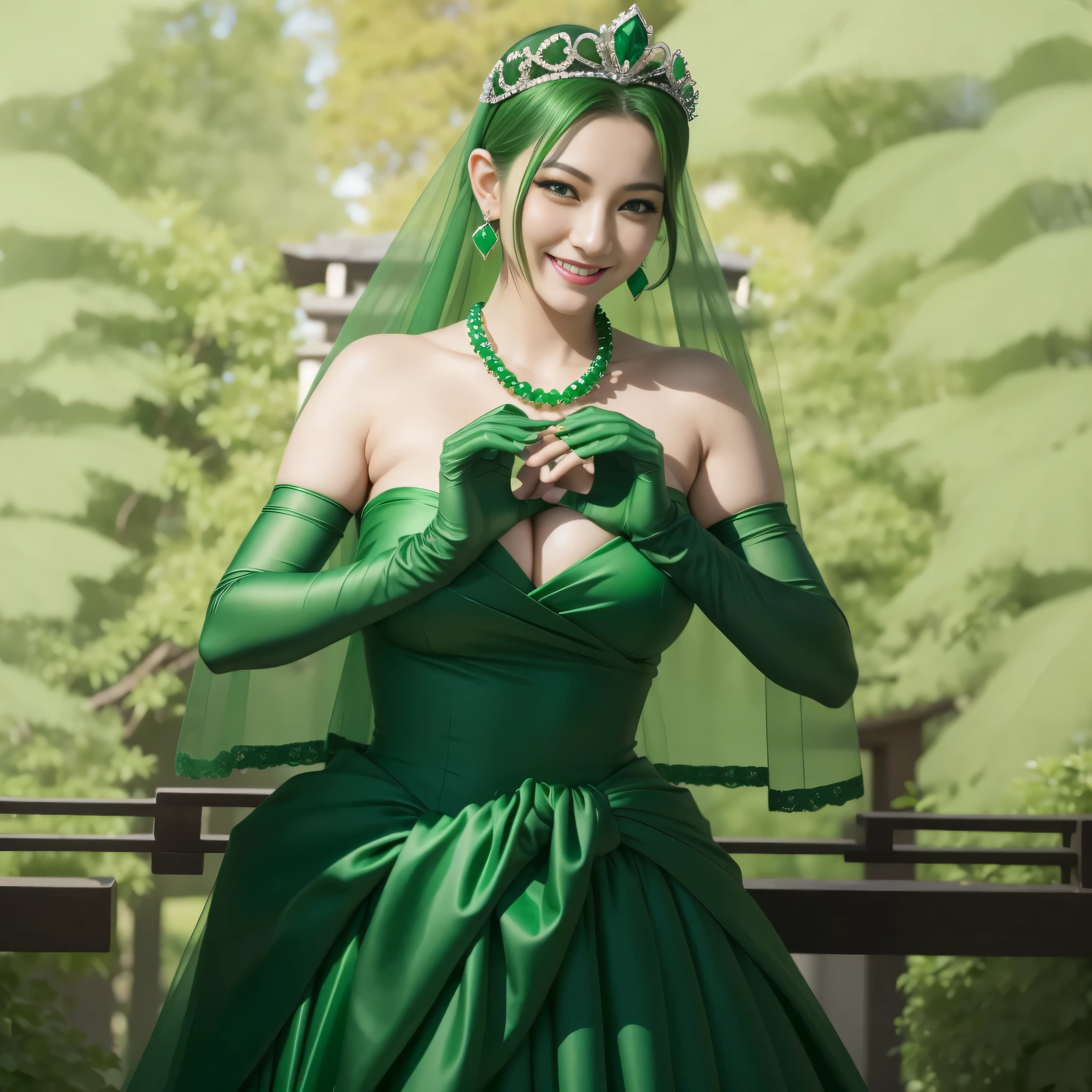 emerald tiara, green pearl necklace, ボーイッシュな非常に短いgreen hair, lipstick, smiling Japanese woman, very short hair,  Beauty with large , green eyes, Long Green Satin Gloves, green eyes, emerald earrings, green veil, heart with both hands, green hair