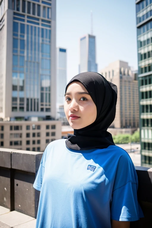 women hijab wearing t-shirt color blue and the city of kingdom