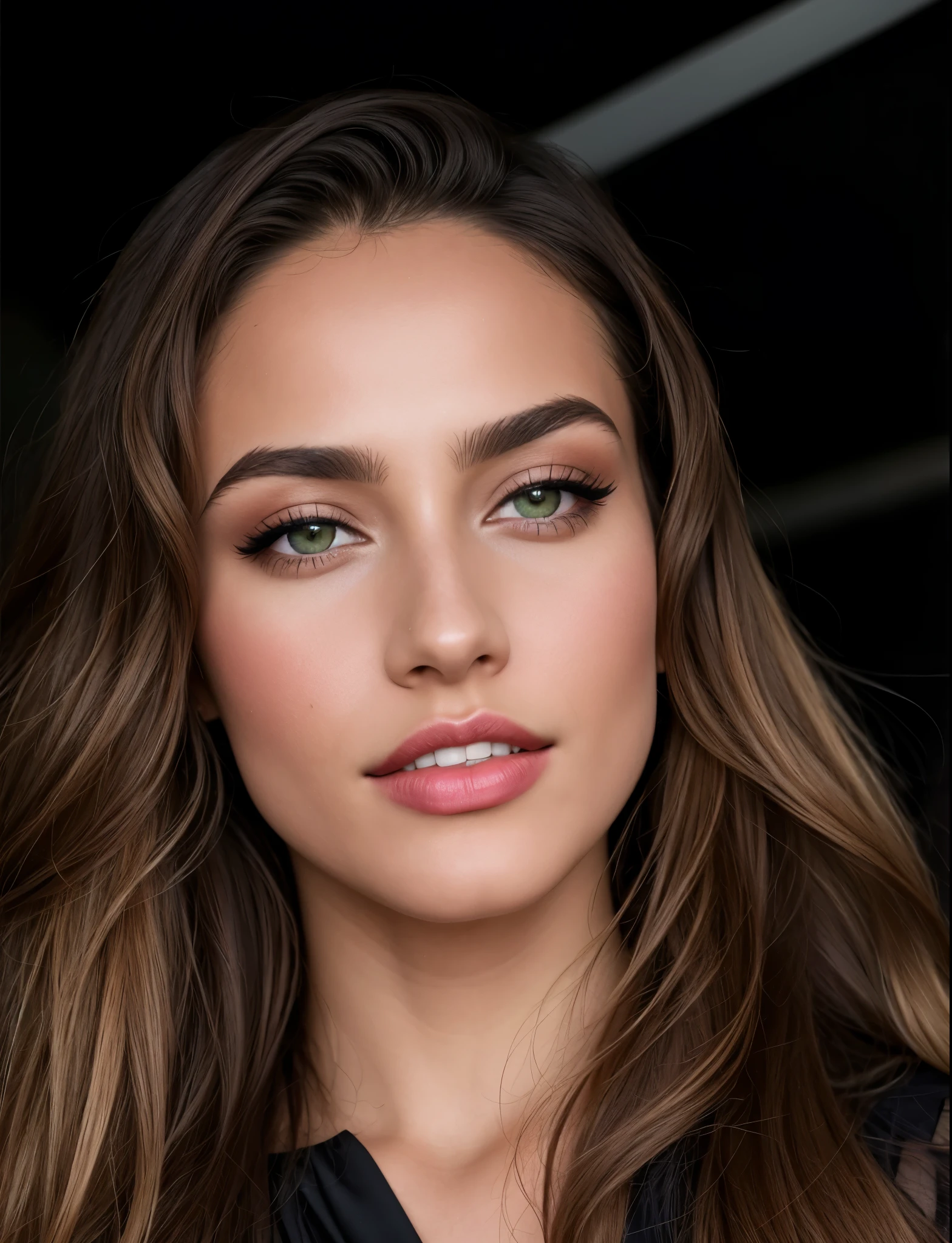 portrait , front face of an Italian woman around 25 years old , top model, green eyes, perfect glamour makeup, lipstick, lip gloss, lashes, eyeshadow, perfect eyebrows, dressed in a summer dress , looking at camera, subtle smile, sony alpha A7R 3, 90mm 2.8 aperture, under the sun of afternoon , half body, vogue magazine cover style