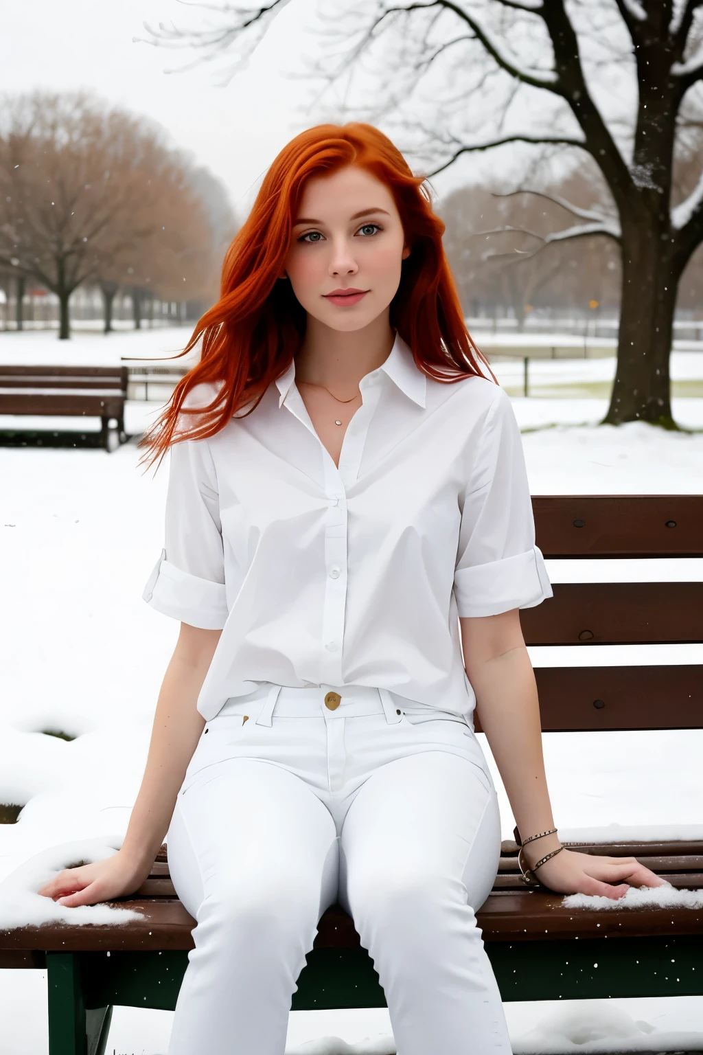 a young red-haired woman with green eyes, sitting on a bench, wearing a classic white shirt and skinny blue jeans, looking in love, gray sky, snow-covered