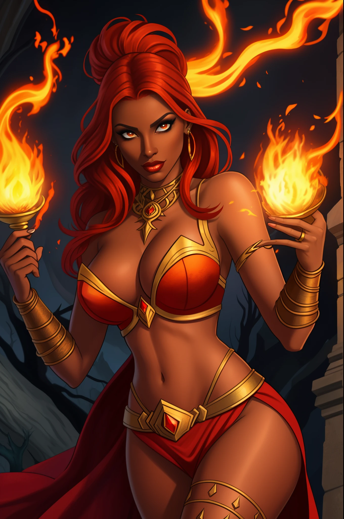 Fantasy Female sorceress, fiery red hair, latina, dark skin