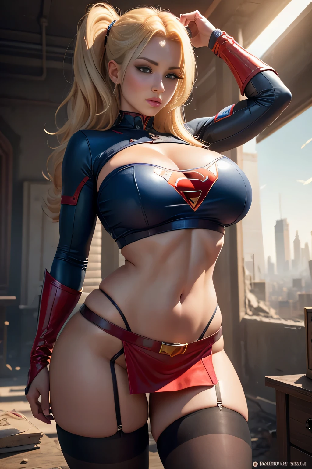 Motor irreal:1.4,ultra realista CG 64K,grande ,grande tits,grande breasts, grande ass, pose sensual, fotorrealista:1.4,textura de la piel:1.4,obra maestra:1.4,Posing behind Beautiful woman wearing sexy Supergirl costume,cabello rubio rubio,ojos azules , ropa interior, Super cyberpunk costume .lenceria roja, pantys, Caderas anchas, An apocalyptic city of fire, mostrando vientre plano, Minifalda roja, , Hermosas manos delgadas,