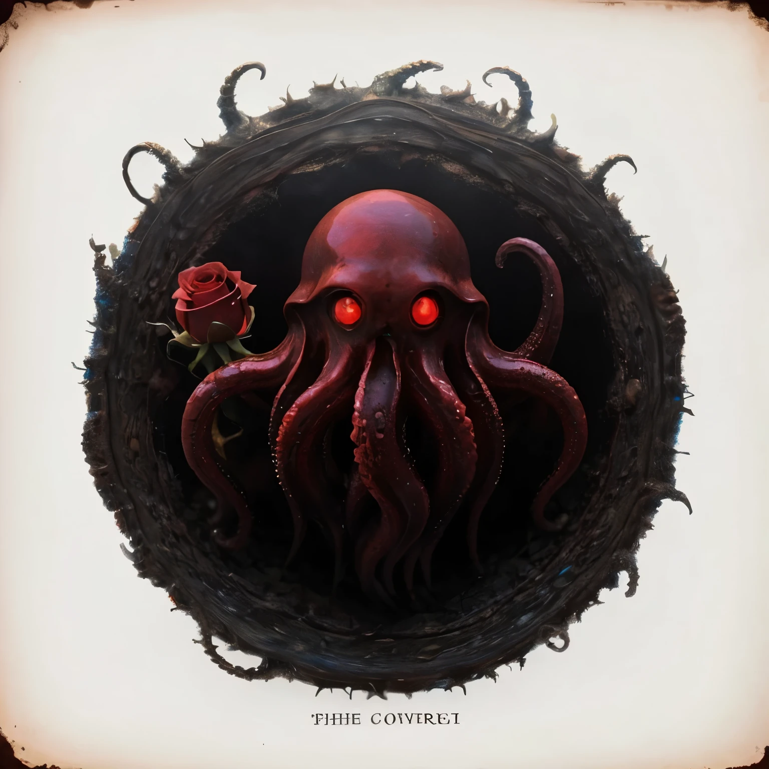 An eerie and mysterious depiction of Cthulhu on a white background, accompanied by a sick rose, a blood sickle, a void, an invisible worm, and a honeysuckle, with the sentence "Lovecraft's Secret Domain" written on the foreground, Vintage photorealistic color painting, using a variety of colors to create a vintage effect, --ar 1:1 --v 5, crystal mushrooms around the image, fanciful, galaxias, cleanness, glittery, Colorful, Amazing photography, dramatic lighting, photo-realism, ultra - detailed, 4K, depth of fields, high resolution
