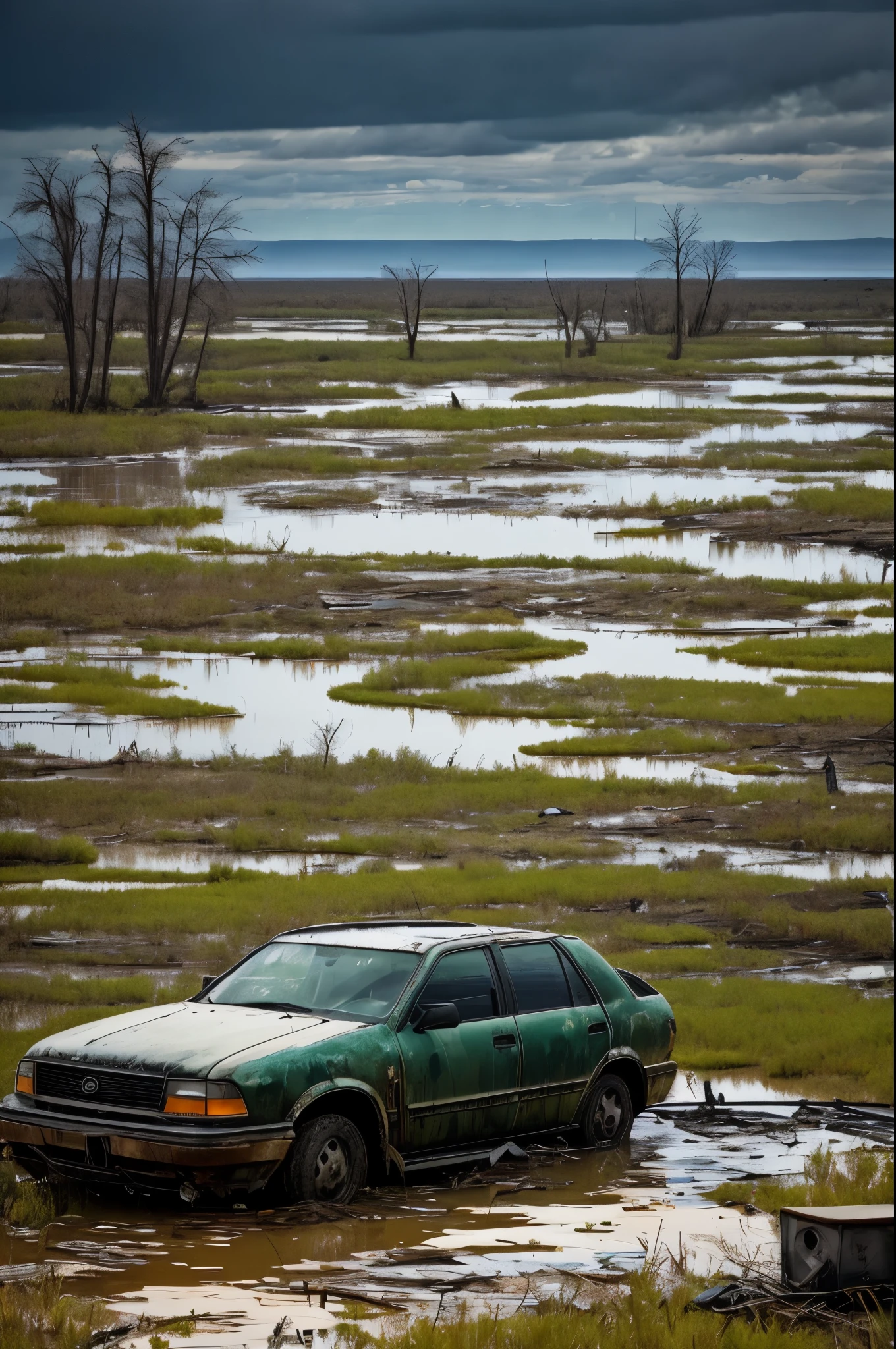 a landscape of a swamp producing anxiety in viewer, fear, tension and awe, many wrecked cars and kitchen appliances rotting in shallow waters stained with black oil, post-apocalyptical scenery