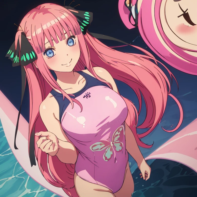 best quality, very aesthetic, Super detailed, best illustration, 1girl, one-piece swimsuit, pink_hair, blunt_bangs, butterfly_hair_ornament, black_ribbon, blue_eyes, twintails, long_hair, nino, full_body, smile