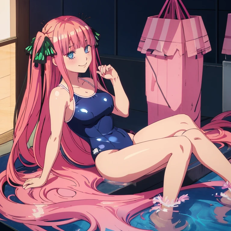 best quality, very aesthetic, Super detailed, best illustration, 1girl, one-piece swimsuit, pink_hair, blunt_bangs, butterfly_hair_ornament, black_ribbon, blue_eyes, twintails, long_hair, nino, full_body, smile