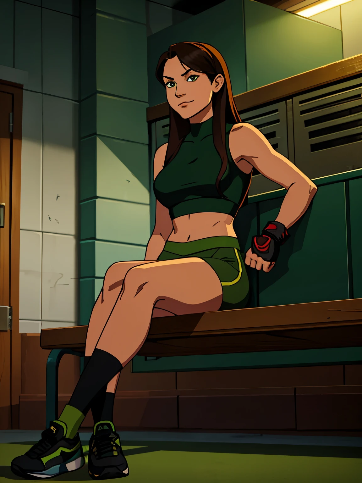 masterpiece, Best quality, 40-year-old woman, Beautiful face, arrogant smile, long hair, in a dark green sleeveless crop top with a high neck, in tight shorts, in boxing gloves, sitting on a bench in the locker room