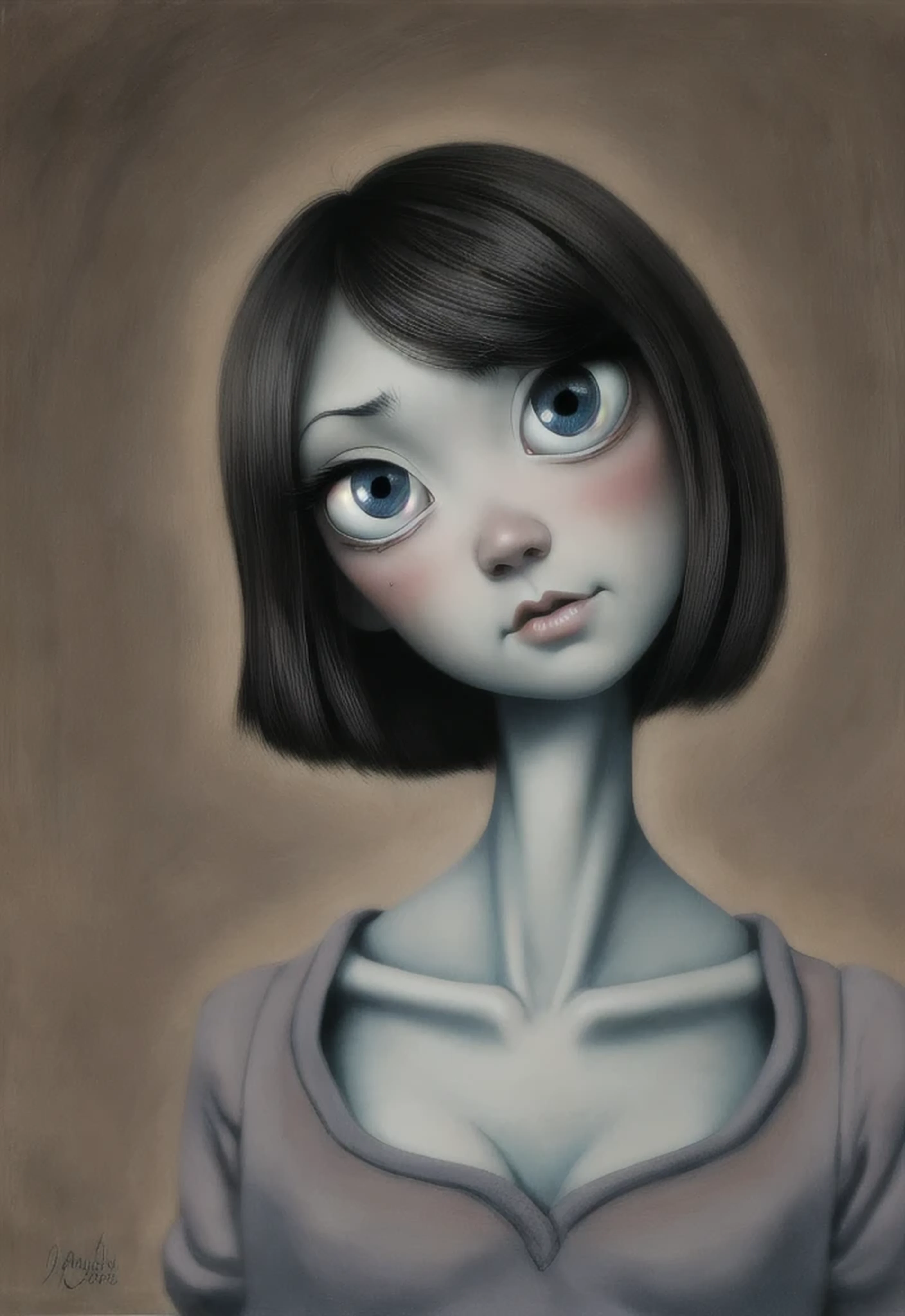 Un primer plano de una chica muy triste con el pelo largo (rubio) y los ojos grandes y azules, Anton Semenov, Mark Ryden muy detallado, Estilo Mark Ryden, Mark Ryden en el estilo de, Estilo de Mark Ryden, inspirado por Mark Ryden, Naoto Hattori, Adorable pintura digital, cara linda. DarkFantasy, Estilo Wlop Loish y Clamp, desnuda