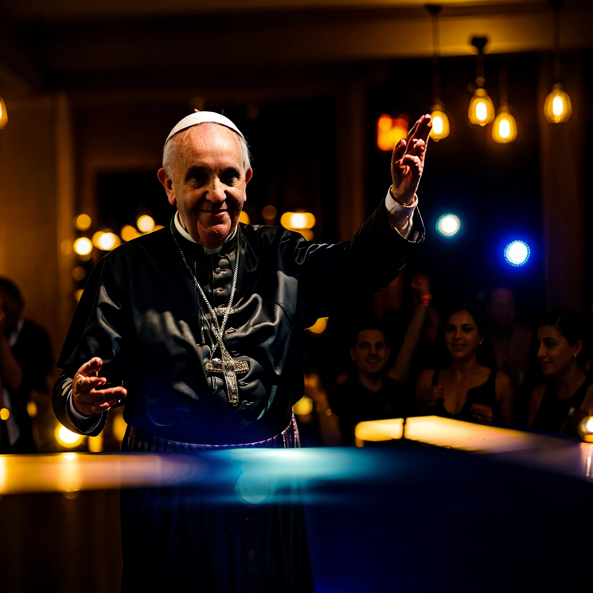 Pope Francis dancing on an altar in a night club, girls all around. soft lights
