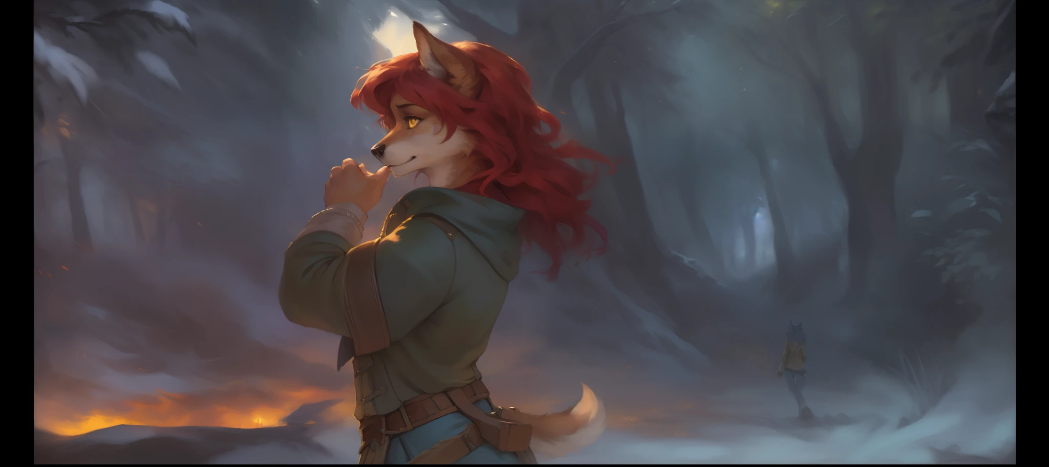 (author：log stay、Kenket and Divitt dogs, Michael & Inessa Garmash, ruan jia, pinodheny, chunie), alone, human nature, woman, (Wolf), ((intricate deTail fluffy fur texture)), I, Wu live, (yellow eyes), Red hair, ((clothed)), digital level, (Tail), Handsome, normal, alone, (shadow), (deTailed eyes):1.2, ((broken to pieces))