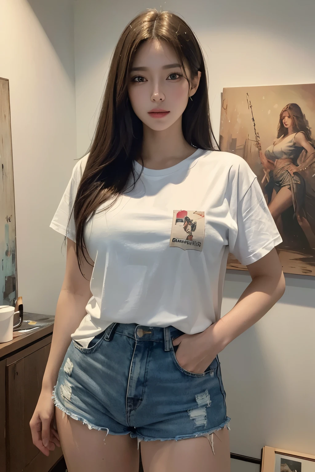 ((Realistic lighting, best quality, 8k, tmasterpiece:1.3)), (wide angle), interior art studio, posing with painting canvas, Beautiful Women with Perfect Figure:1.4, medium breast, printed oversized t-shirt and shorts, Ultra-fine face, Fine eyes