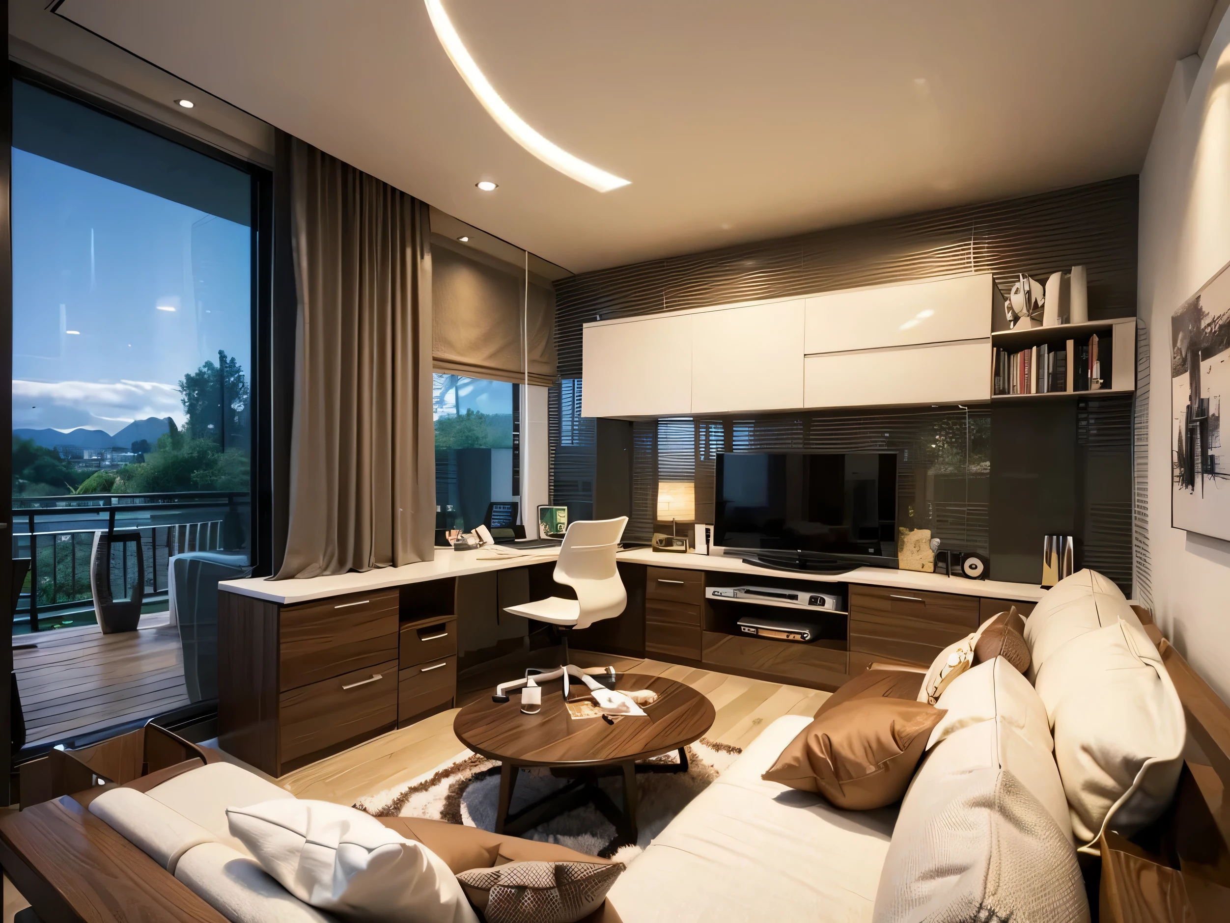 Contemporary home office background, large tv, large house interior, ultra realistic