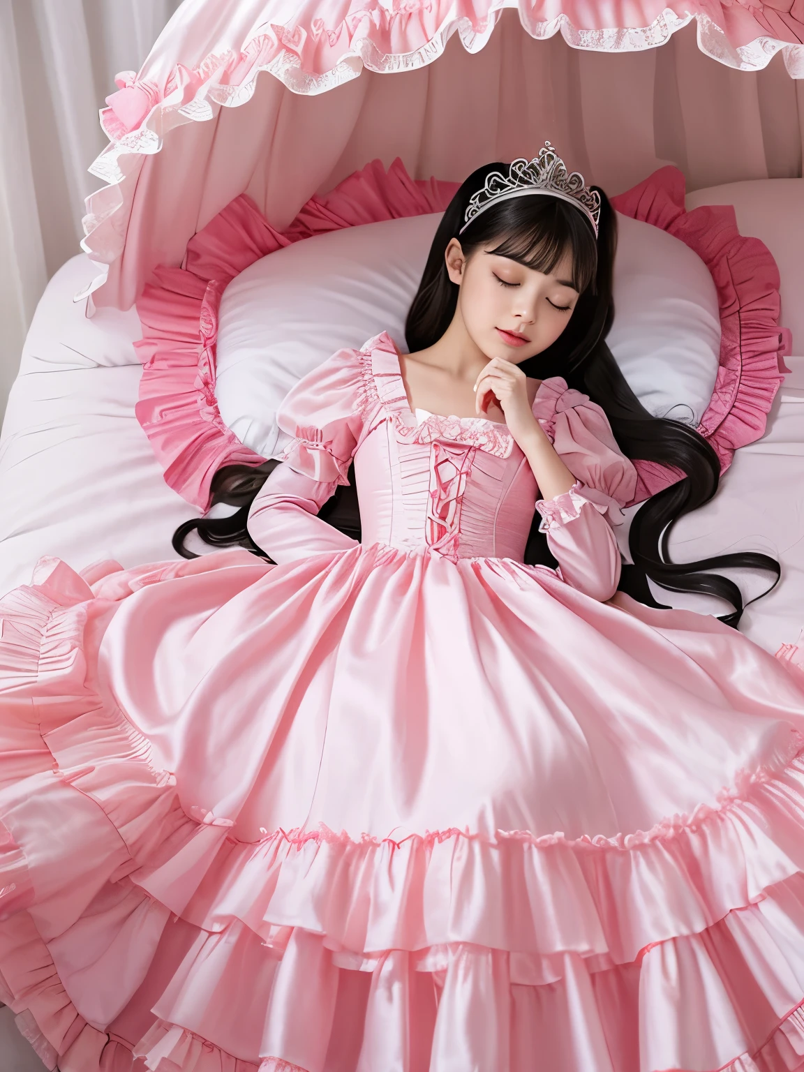highest quality, masterpiece, highest resolution, artwork, super それにget used to it, many get used to it, get used to it, それにget used to it,(),Child Girl, ,the girl is a princess,((girly dark pink satin fabric)), Long hair that reaches to the waist,((A Victorian ballgown dress with plenty of pink ruffles and bows and a voluminous full-length hoop skirt.)),(long sleeve),(ruffled yoke collar),(long dress that covers your legs)),A dress with lots of frills and ribbons..,luxury,((Palace bedroom)),((Huge square victorian canopy king size bed)),(((the girl is lying on the bed))),,(The girl is asleep),(((Sleeping Princess))),lots of frilly pillows,ruffle bed skirt,(The entire bed is reflected),