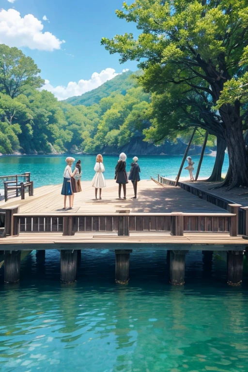 Several people standing on a dock next to a body of water, Screenshots from animated movies, Screenshot of black clover, Today's featured anime stills, anime scene, in animated movies, animation stills, anime yuruying, anime screenshot, Ghibli animation style, yuruying, Still from TV animation