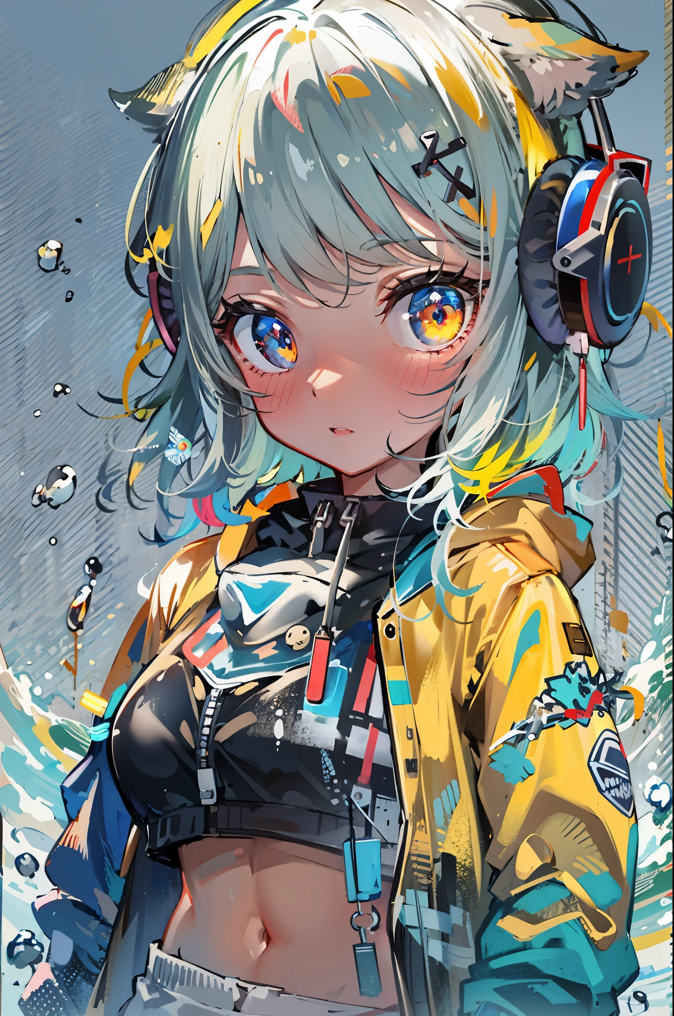 ((8K resolution))、((highest quality))、((masterpiece))、((super detailed))、1 female、solo、incredibly absurd、oversized hoodie、headphones、rain、neon、short cut hair、bright colored eyes、put one&#39;s hand in one&#39;s pocket、shorts、water dripping, step piece, cool blue open short jacket, Messy Fade Cut Hair,quirky sneakers,unusual colored eyes, Vivid eyes,