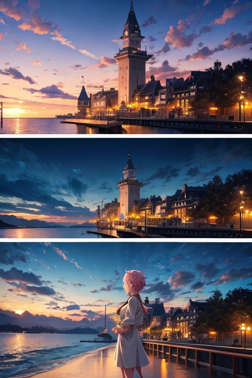 A group of people standing on a pier by the water, a screenshot from an animated movie, a screenshot from "Black Clover", today's featured anime still, an anime scene, in an animated movie, an anime still, anime-style artwork, a screenshot from an anime film, the style of Studio Ghibli animations, an aerial view of the Yu Ru Camp, stills from a TV anime. (best quality,4k,8k,highres,masterpiece:1.2), ultra-detailed, (realistic,photorealistic,photo-realistic:1.37), HDR, UHD, studio lighting, vivid colors, sharp focus, physically-based rendering, extreme detail description, professional, bokeh, portraits, landscape, anime, sci-fi, photography, concept artists, vibrant color palette, soft and warm lighting.