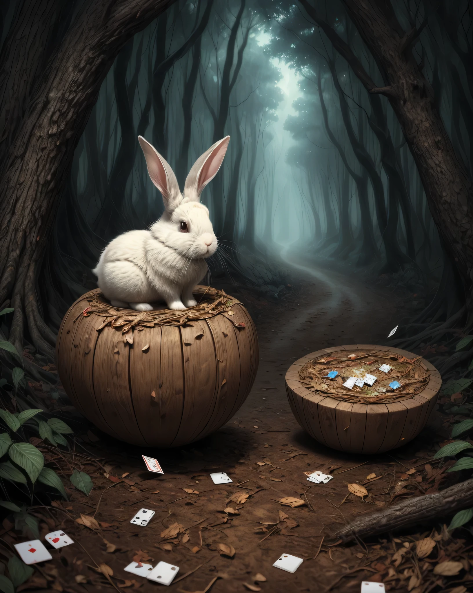 (surreal,High resolution,4K,masterpiece:1.2), ((1 rabbit)), white rabbit, alice in wonderland, costume made from playing cards, small and round body, rabbit grandpa,((round glasses)),in the forest,