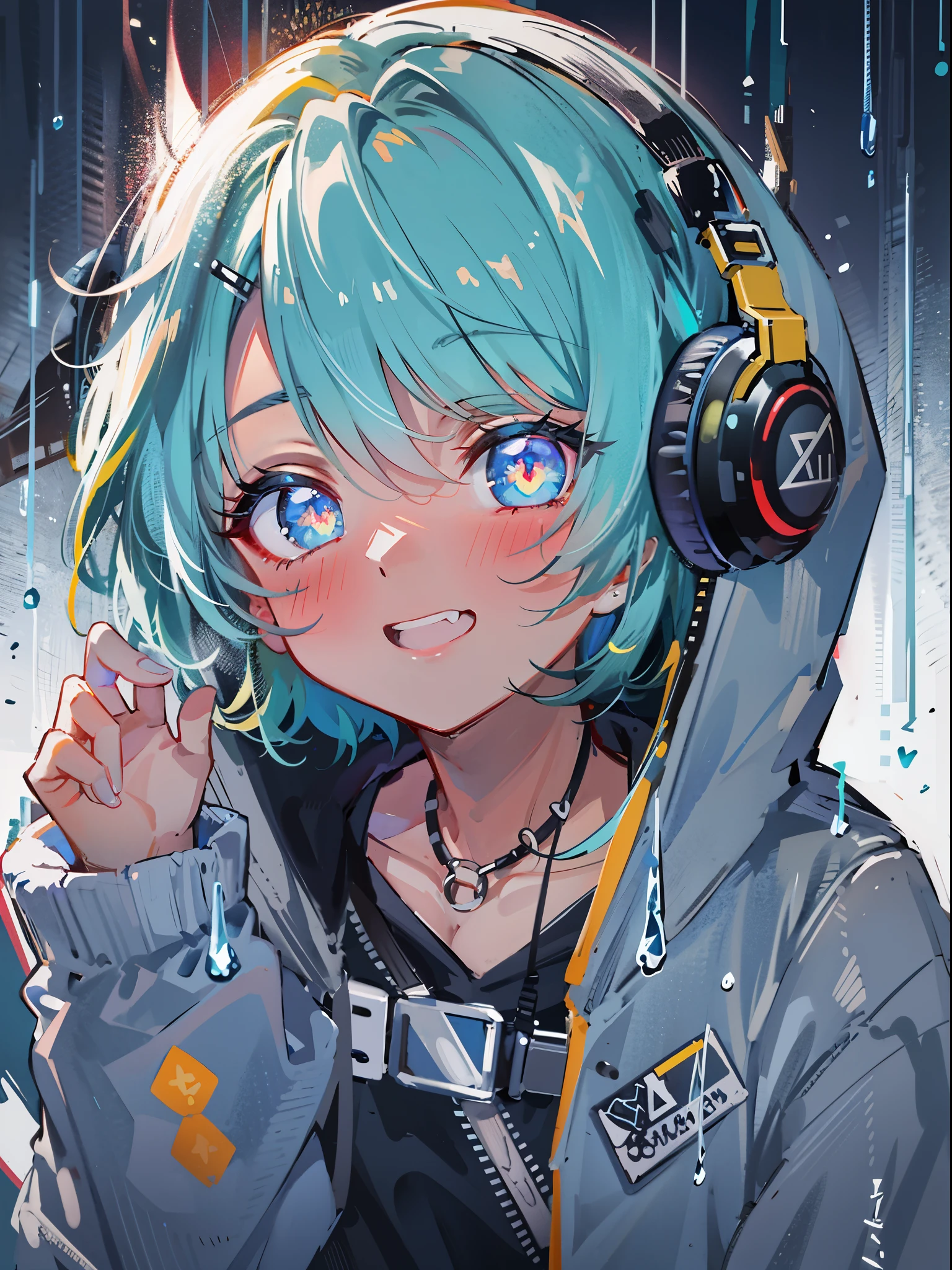8K resolution、((highest quality))、((masterpiece))、((super detailed))、1 female、solo、incredibly absurd、oversized hoodie、headphones、plain background、rain、Fluorescent neon、short cut hair、bright colored eyes、put one's hand in one's pocket、shorts、water dripping、unusual colored eyes, Vivid eyes