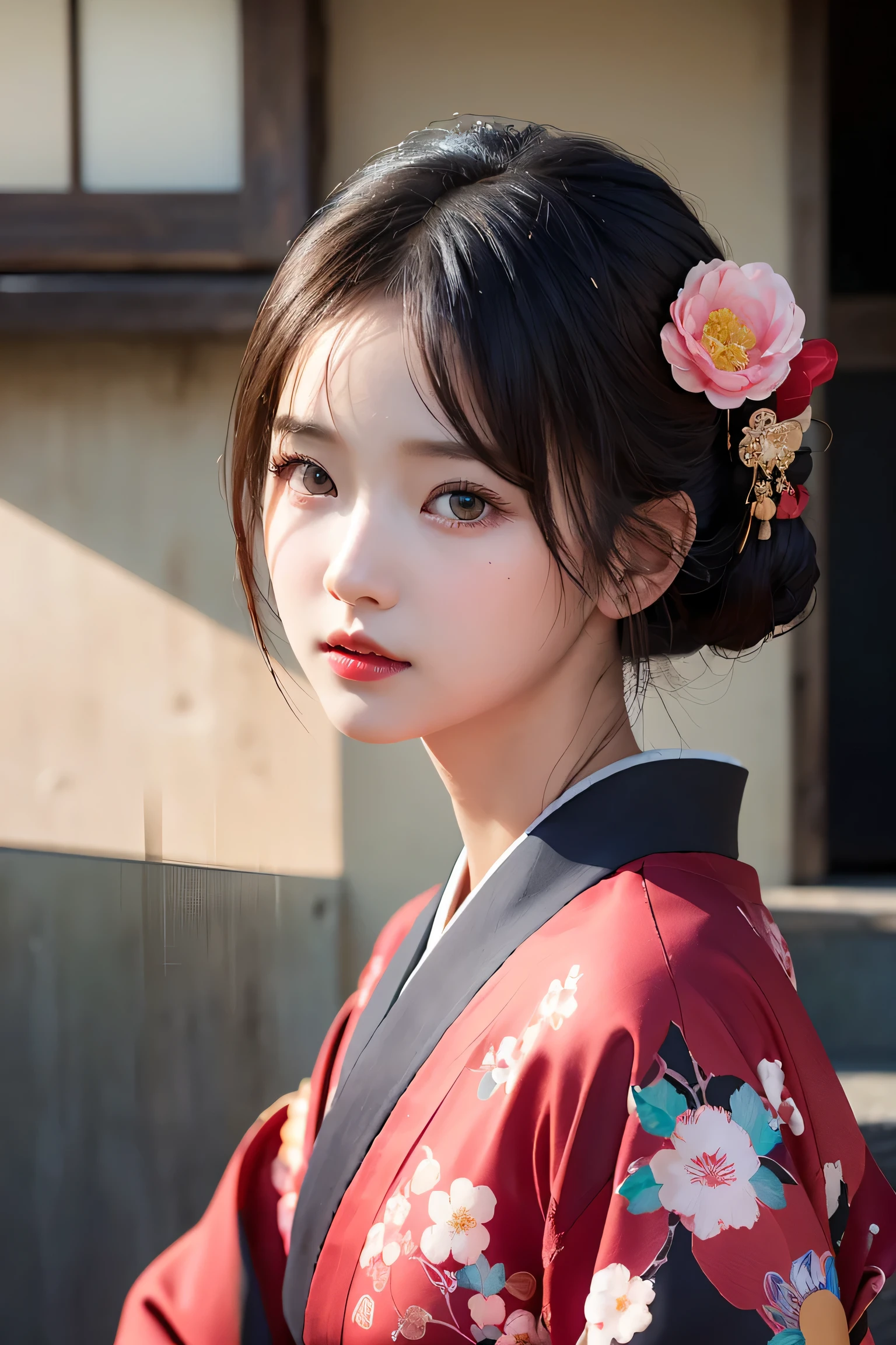 (black kimono:1.2)、(generally:1.2)、(floral pattern)、(long sleeve)、1 girl、full body esbian、(short haired)、(realistic:1.7)、((best image quality))、absurd、(Super high resolution)、(Photoreal:1.6)、Photoreal、octane rendering、(超realistic:1.2)、(realistic face:1.2)、(8K)、(4K)、(masterpiece)、(realistic skin texture)、(enlightenment、movie lighting、wallpaper)、(beautiful eyes:1.2)、((((perfect face))))、(cute)、(standing)、red lips、outside the house、(Japanese Style Country)、細かいcute顔、Realistic Beauty