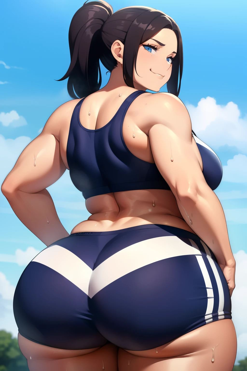 Woman in a sport outfit, sport bra, shorts, sweaty clothes, sweaty, curvy, busty, smirk, evil, thick thighs, back view, presenting butt, hand on butt, looking at viewer, looking back