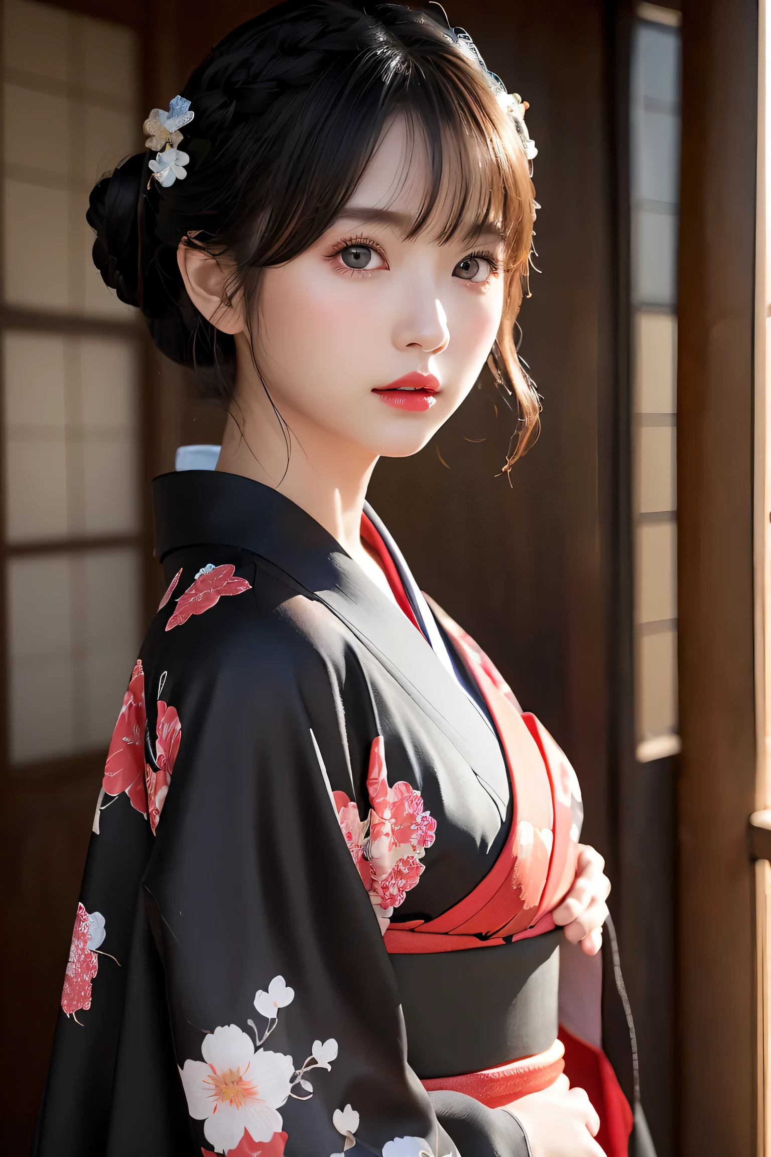 (black kimono:1.2)、(generally:1.2)、(floral pattern)、(long sleeve)、1 girl、full body esbian、(short haired)、(realistic:1.7)、((best image quality))、absurd、(Super high resolution)、(Photoreal:1.6)、Photoreal、octane rendering、(超realistic:1.2)、(realistic face:1.2)、(8K)、(4K)、(masterpiece)、(realistic skin texture)、(enlightenment、movie lighting、wallpaper)、(beautiful eyes:1.2)、((((perfect face))))、(cute)、(standing)、red lips、outside the house、(Japanese Style Country)、細かいcute顔、Realistic Beauty