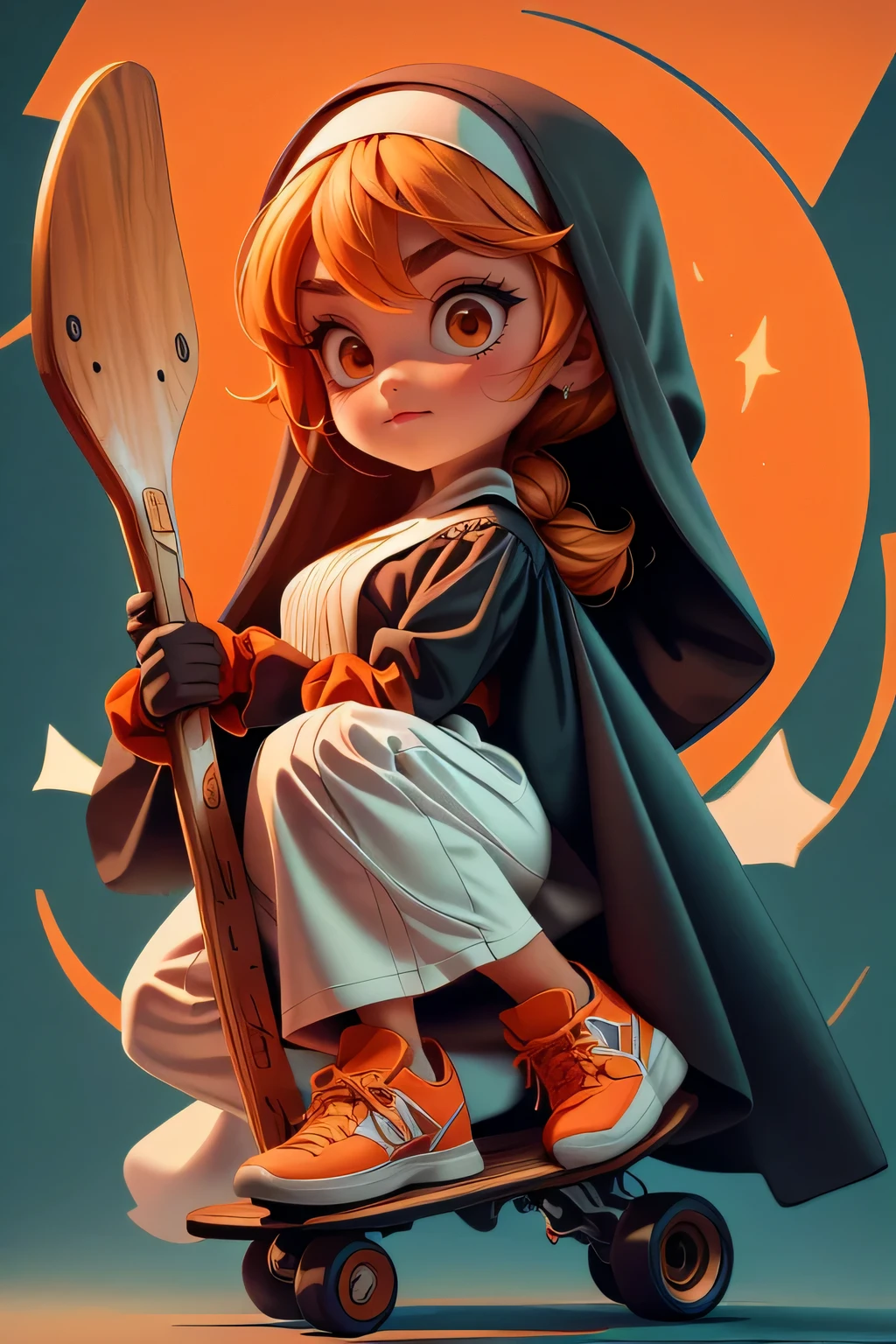 girl in a nun costume jumping on a skateboard on an orange background