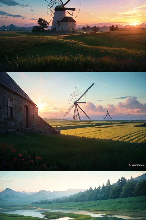 Animation screenshot of several people standing in front of a windmill, Screenshots from animated movies, Ruins Explorer at Dusk, anime scene, Today's featured anime stills, anime rural scenery, anime film still, animation stills, in animated movies, anime screenshot, Anime Landscape Concept Art, Ghibli animation style, beautiful anime scenes