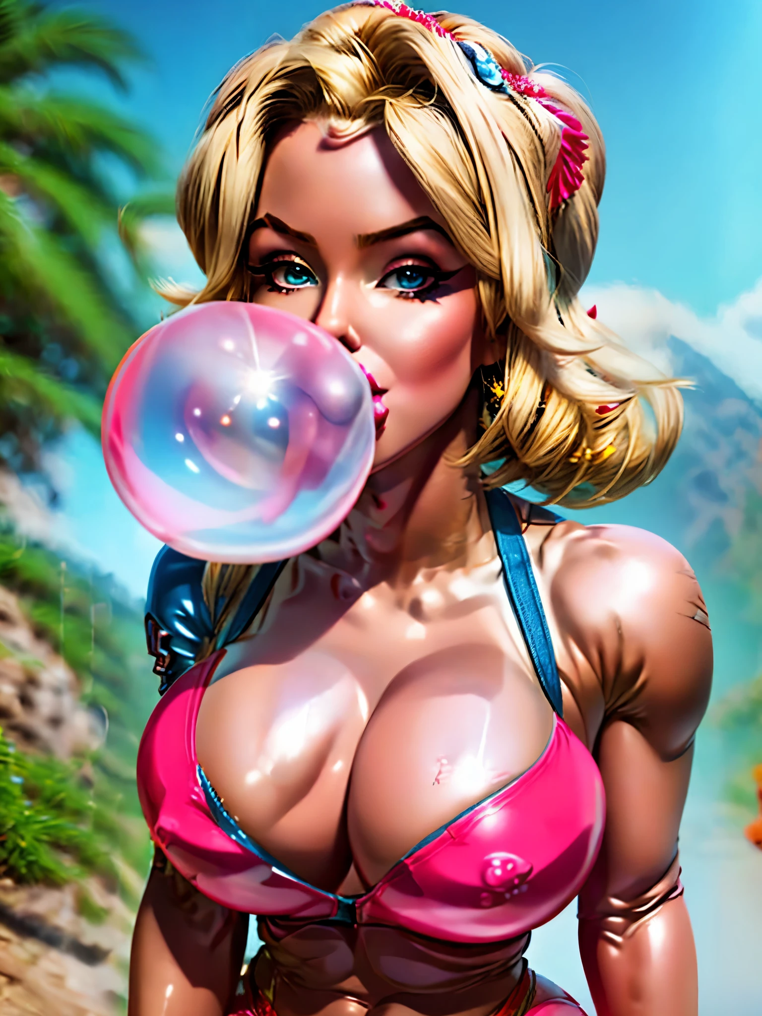 living inflatable sex doll, marilyn_monroe, buxom ginger and cerise and blonde bombshell, a close up of a woman with a striped pink and white top and red and orange demin jeans, ((blow bubble gum)), blowing bubblegum, hyper breasts, ((bodybuilder)), barbie doll in panties and bra, bubblegum pop, pink lips, covered in rubber beach ball inflatable skin, light blue body harness, candy girl, 🌄🌅sky, mountain town, ((fog,flare)), featured on, behance, pixiv, artstation, reflections,8k,4K,unreal engine,☀️🔥🌌💎💯🔝 .:1.1,depth of field, looking at viewer, marching, full body