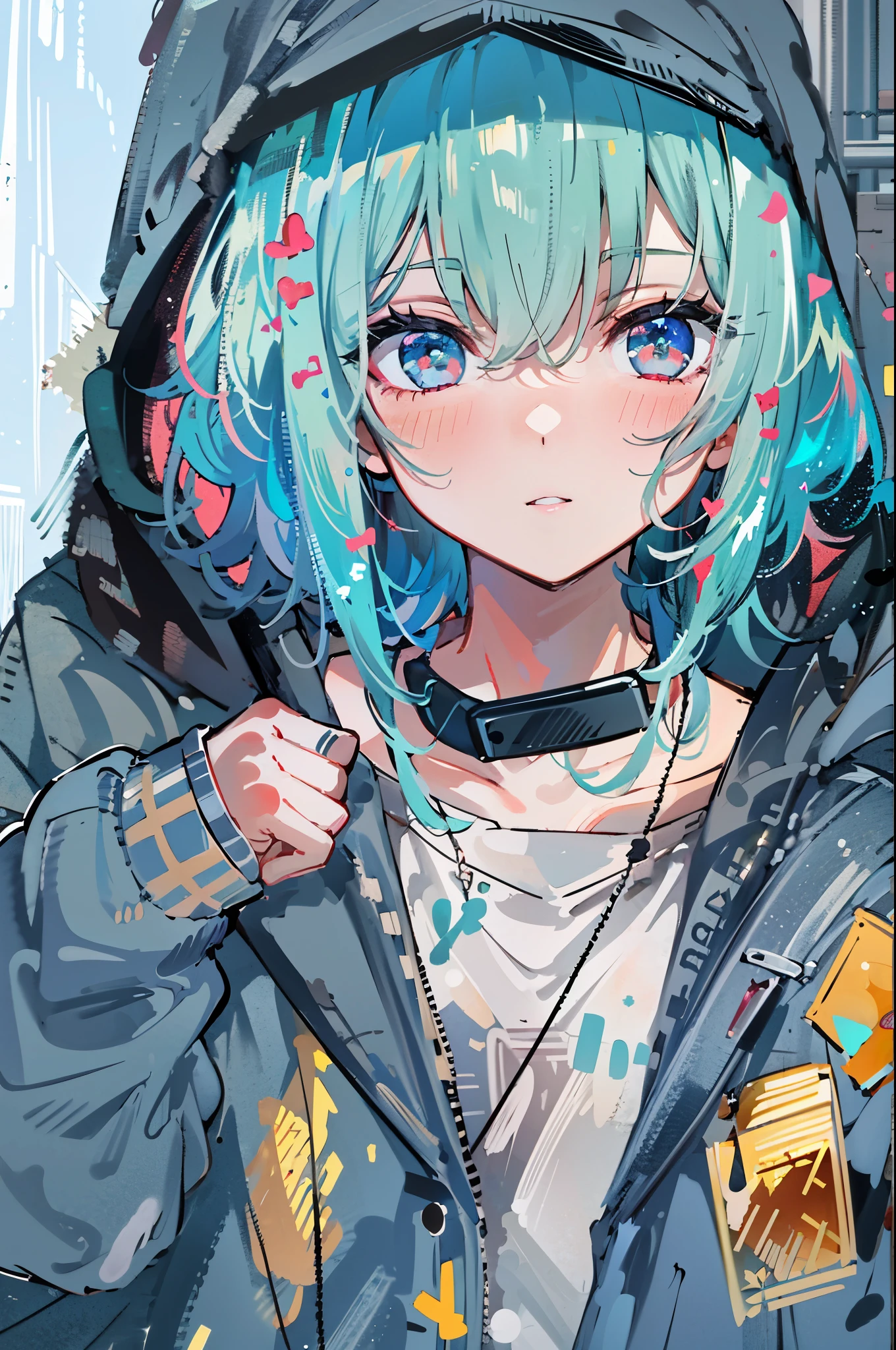 ((8K resolution))、((highest quality))、((masterpiece))、((super detailed))、1 female、solo、incredibly absurd、oversized hoodie、headphones、rain、neon、short cut hair、bright colored eyes、put one&#39;s hand in one&#39;s pocket、shorts、water dripping, step piece, cool blue open short jacket, Messy Fade Cut Hair,quirky sneakers,unusual colored eyes, Vivid eyes,