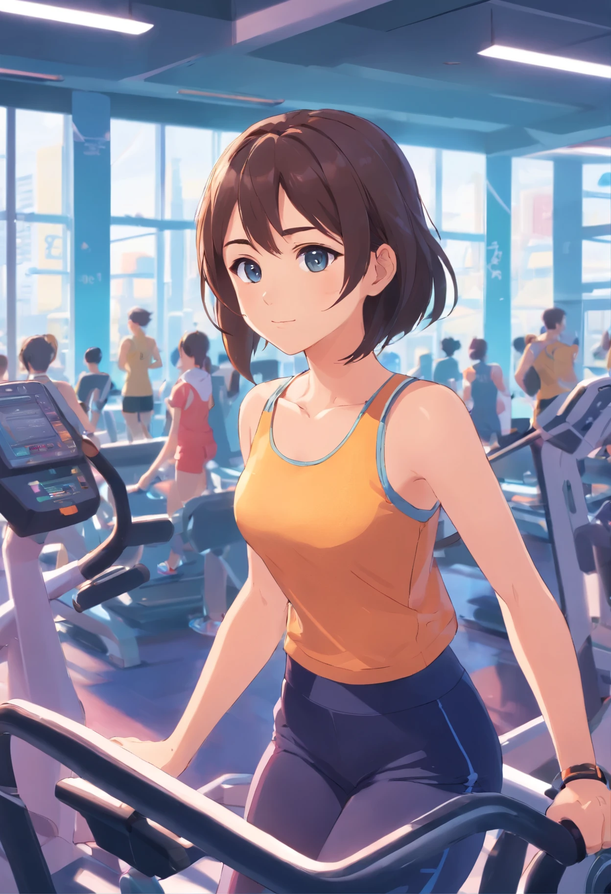 a girl,in the gym,Using heartbeat detector,Vibrant fitness equipment and busy people in the background。