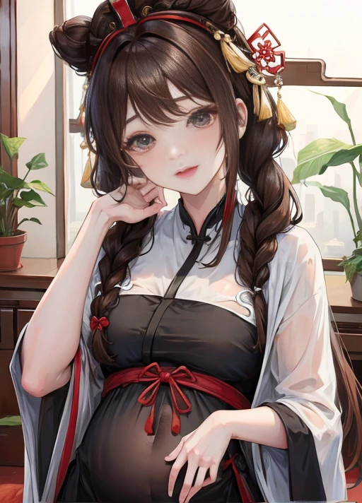 masterpiece, best quality, Married woman,pregnancy, aldult, Chinese style, China, elder sister, Smile, brown hair, princess cut, Single fried dough stick braid,Black tights,Full of motherhood,传统China服装,Pure desire,blushing,dignified yet lively,Mother,The hand caressed the belly,thin lips