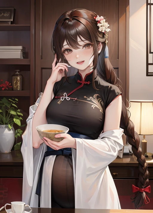 masterpiece, best quality, Married woman,pregnancy, aldult, Chinese style, China, elder sister, Smile, brown hair, princess cut, Single fried dough stick braid,Black tights,Full of motherhood,传统China服装,Pure desire,blushing,dignified yet lively,Mother,The hand caressed the belly,thin lips