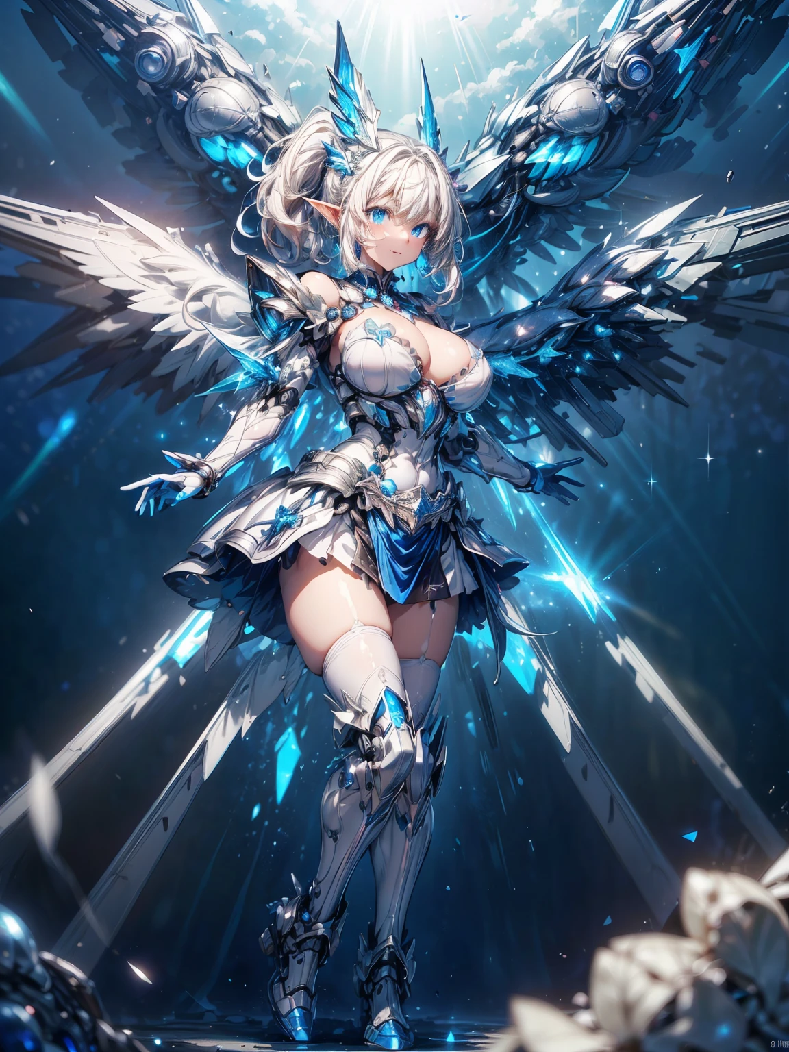 (masterpiece、highest quality, wonderful, very detailedティッカーユニティ、8k wallpaper, written boundary depth, Ultra-fine illustration:1.5)、。.。.。.。.3D, very detailed, (Full body Esbian、Mecha elf girl:1.3), sci-fi battlefield, Hawken, smile, open your mouth、short ponytail hair, (white blonde hair, deep blue eyes:1.2), sparkling eyes, cute顔, cute, big breasts, delicate hair, messy hair、blue sky, White cloud), shiny hair, shiny skin, (Symmetrical mechanical winetallic colored mechanical wings that are widely expanded to the left and right so that they protrude wonderfully from the screen, bite, white hair ornament), (particles of light, cinematic lighting: 1.3), (pale pink lips: 0.8), by Yusuke Murata.