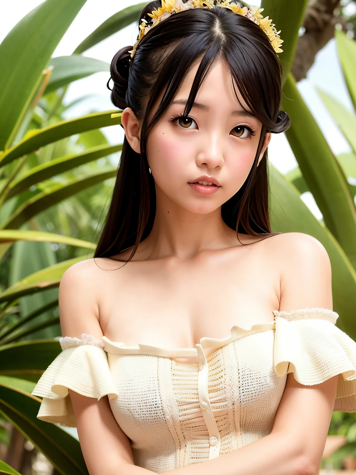 Fashionable photos, editorial photography, 1 Girl Solo, cute face, Wearing a ruffled off-shoulder knitted blouse, japanese model, 25 years old, no makeup, medium breasts, At Pineapple Farm