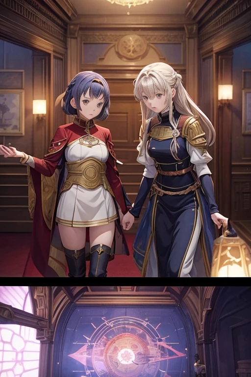 Animation scene of two girls standing in the red carpet room, last exile anime, last exile, Screenshots from animated movies, 2 d CG, anime scene, anime movie scene, in animated movies, anime film still, Violet Evergarden, kinematics, anime screenshot, Mushoku Tensei, Madhouse studio anime style, Animated static screenshots