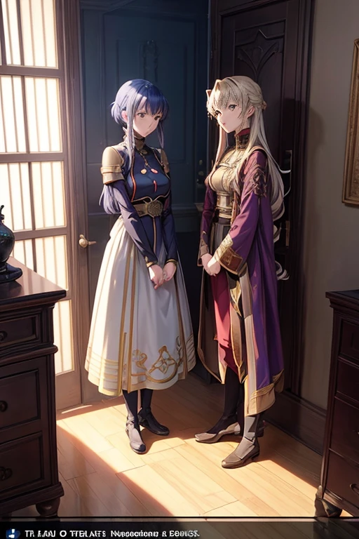 Animation scene of two girls standing in the red carpet room, last exile anime, last exile, Screenshots from animated movies, 2 d CG, anime scene, anime movie scene, in animated movies, anime film still, Violet Evergarden, kinematics, anime screenshot, Mushoku Tensei, Madhouse studio anime style, Animated static screenshots