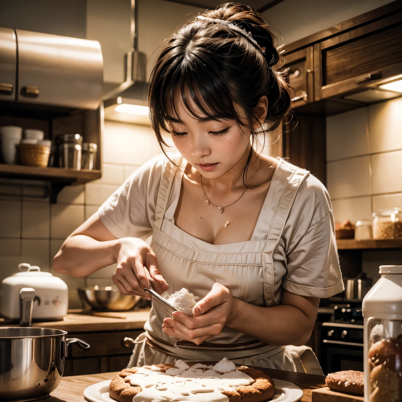 super detailed, best quality, 8K, masterpiece, cinema poster style, calming colors, 1 young Japanese woman in kitchen, heart-shaped gateau au chocolat, emphasis on effort and struggle, face covered in flour, hard work, joyful and determined expression, messy kitchen, flour everywhere, magical heart-shaped particles, whimsical, heart-shaped cake on counter, chaotic baking tools and ingredients, comical struggle vibe