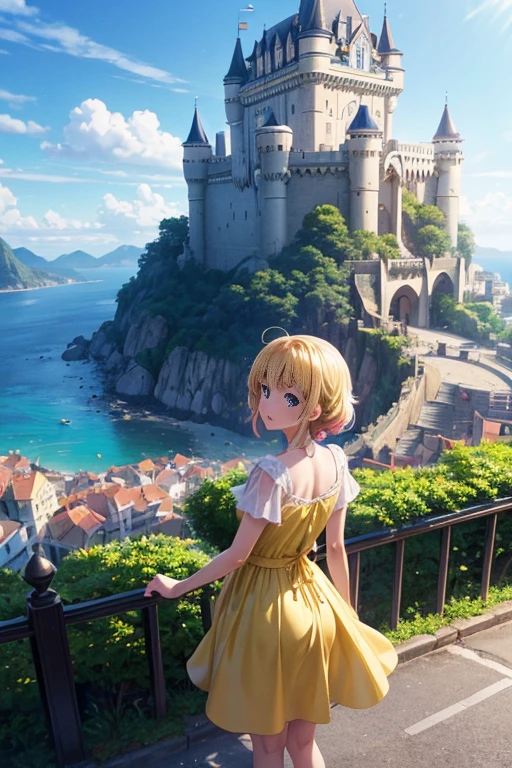 (best quality,4k,8k,highres,masterpiece:1.2),ultra-detailed,(realistic,photorealistic,photo-realistic:1.37),a girl in a yellow dress standing in front of a building,today's featured anime still,still from an animated movie,2019 anime screenshot,popular isekai anime,anime still shot,anime movie screenshot,from an animated film,(castle in the background),still from a TV anime,small town in the background,from an anime movie set in Rio de Janeiro,colorful and vibrant anime style,soft pastel colors,natural lighting