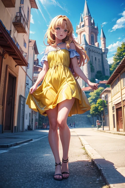 (best quality,4k,8k,highres,masterpiece:1.2),ultra-detailed,(realistic,photorealistic,photo-realistic:1.37),a girl in a yellow dress standing in front of a building,today's featured anime still,still from an animated movie,2019 anime screenshot,popular isekai anime,anime still shot,anime movie screenshot,from an animated film,(castle in the background),still from a TV anime,small town in the background,from an anime movie set in Rio de Janeiro,colorful and vibrant anime style,soft pastel colors,natural lighting