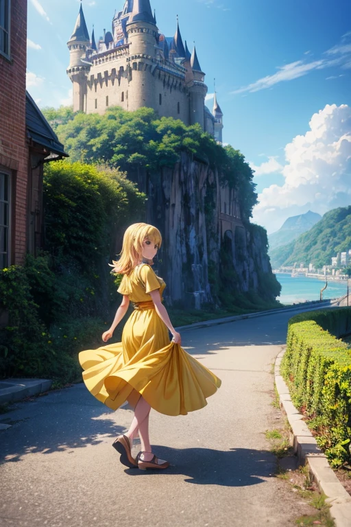 (best quality,4k,8k,highres,masterpiece:1.2),ultra-detailed,(realistic,photorealistic,photo-realistic:1.37),a girl in a yellow dress standing in front of a building,today's featured anime still,still from an animated movie,2019 anime screenshot,popular isekai anime,anime still shot,anime movie screenshot,from an animated film,(castle in the background),still from a TV anime,small town in the background,from an anime movie set in Rio de Janeiro,colorful and vibrant anime style,soft pastel colors,natural lighting