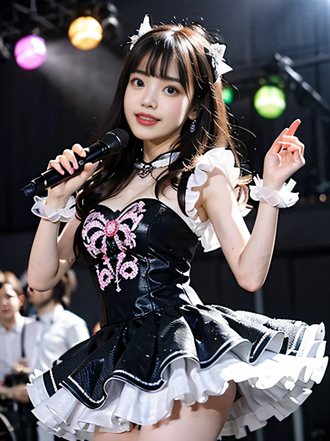 (((Draw only one woman：2)))、((Idol woman singing and dancing at a concert venue:1.5))、((Wearing cute costumes like idols：1.8))、beautiful 16 year old woman、((1 screen))、8K、RAW shot、highest quality photos、masterpiece、nice realistic pictures、(( anatomically correct proportions : 1.5))、((perfect proportions))、((A cute woman who looks like a beautiful Japanese idol))、((small head))、detailed face、detailed eyes、narrow nose、(detailed fingers: 1.2)、detailed arms、detailed skin、detailed legs、(slim style)、((thin waist))、(Medium udder)、(She sings wearing a fashionable frilly mini-skirt dress.:1.8)、(A dress with a cute and elaborate design with a detailed pattern:1.8)、(sweaty body:1.2)、(sweaty hair:1.2)、(One-piece costume with cute wet design:1.3)、(Costumes like Nogizaka46:1.8)、(Costumes like Hinatazaka46:1.8)、headset、ear monitor、earrings、pretty choker