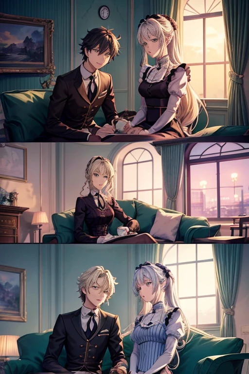 Anime - stylized scene of a couple sitting on a green sofa in the room, Today's featured anime stills, Screenshots from animated movies, in animated movies, animation stills, Still from TV animation, anime scene, Animation movie screenshots, Violet Evergarden, anime film still, Riding an early anime maid, anime scene, the last exile anime, animation still frame