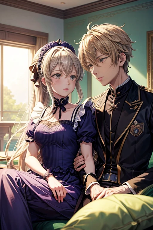 Anime - stylized scene of a couple sitting on a green sofa in the room, Today's featured anime stills, Screenshots from animated movies, in animated movies, animation stills, Still from TV animation, anime scene, Animation movie screenshots, Violet Evergarden, anime film still, Riding an early anime maid, anime scene, the last exile anime, animation still frame